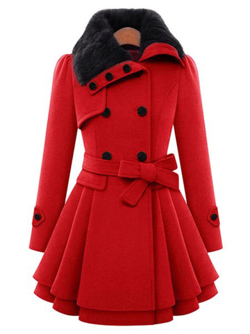 Turn-Down Neck Long Sleeve Spliced Button Design Lace-Up Coat For Women